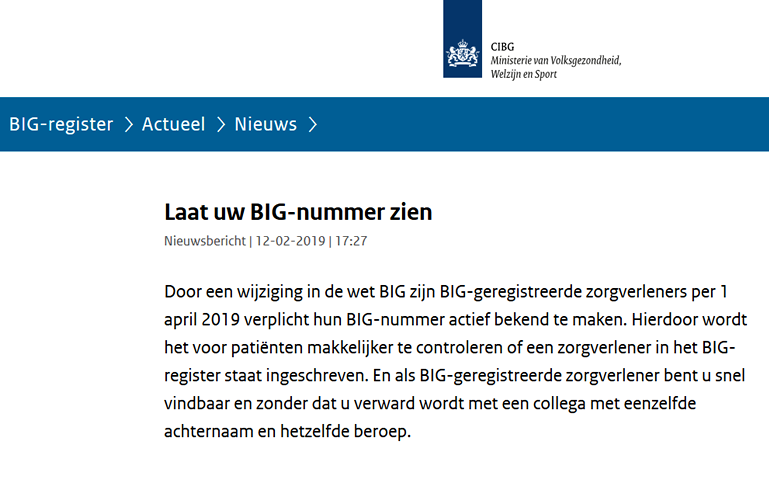 Nieuwe regel ministerie VWS: BIG-nummers verplicht door geregistreerde zorgverleners