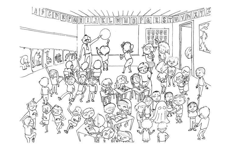 tekening van klaslokaal met kinderen